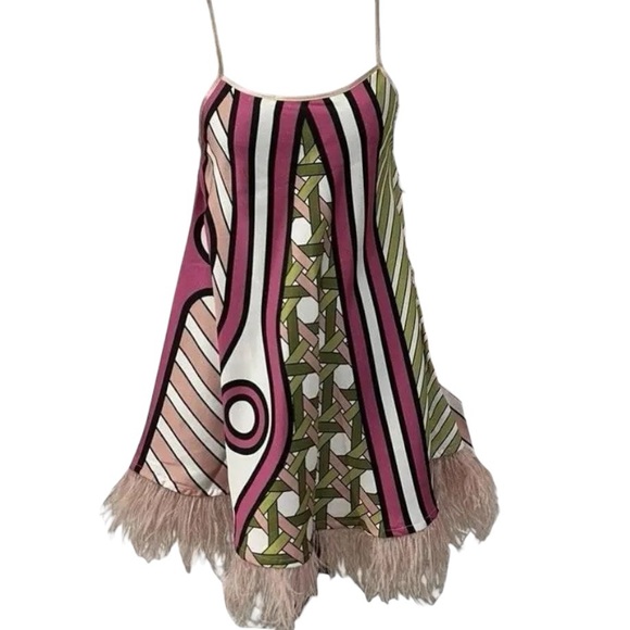 Dixie Italian Designer Geometric Print Mini Dress XS New With Tags Feather Trim - Picture 2 of 3